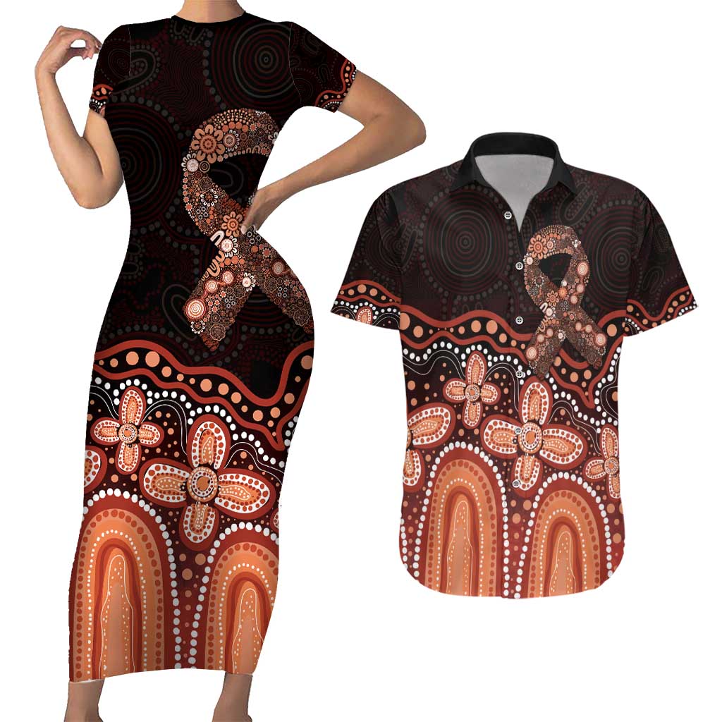 Australia Indigenous Personalized Couples Matching Short Sleeve Bodycon Dress and Hawaiian Shirt Fight Leukemia Orange Ribbons - Aussie Hoodie