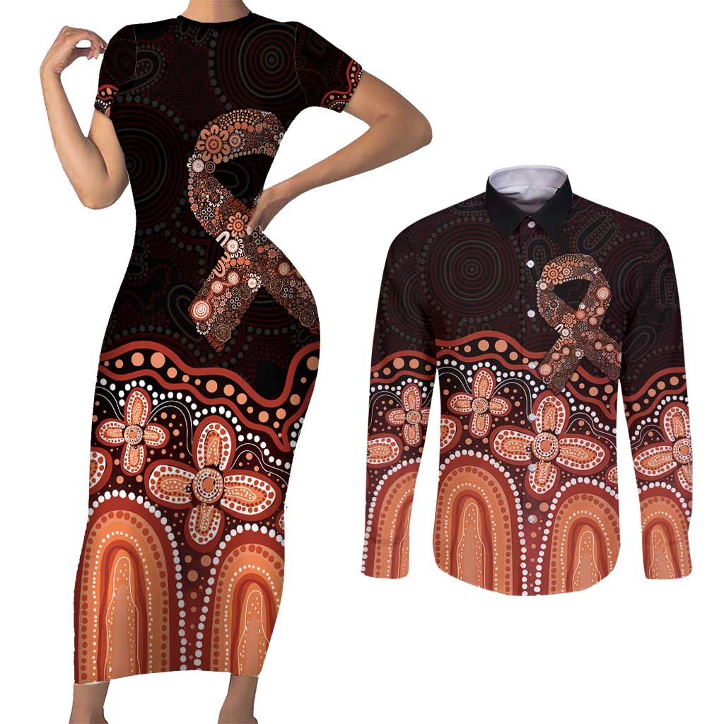 Australia Indigenous Personalized Couples Matching Short Sleeve Bodycon Dress and Long Sleeve Button Shirt Fight Leukemia Orange Ribbons - Aussie Hoodie