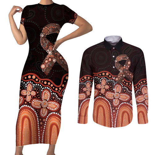 Australia Indigenous Personalized Couples Matching Short Sleeve Bodycon Dress and Long Sleeve Button Shirt Fight Leukemia Orange Ribbons - Aussie Hoodie