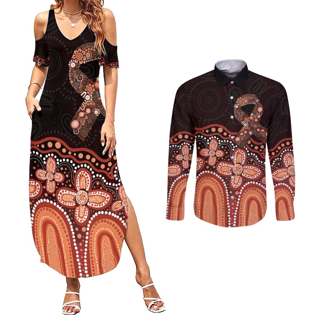 Australia Indigenous Personalized Couples Matching Summer Maxi Dress and Long Sleeve Button Shirt Fight Leukemia Orange Ribbons - Aussie Hoodie