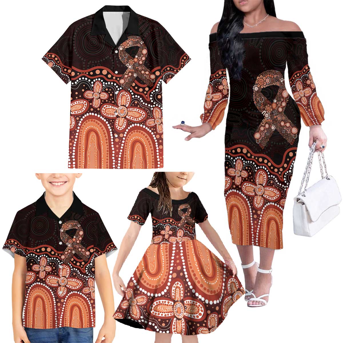 Australia Indigenous Personalized Family Matching Off The Shoulder Long Sleeve Dress and Hawaiian Shirt Fight Leukemia Orange Ribbons - Aussie Hoodie