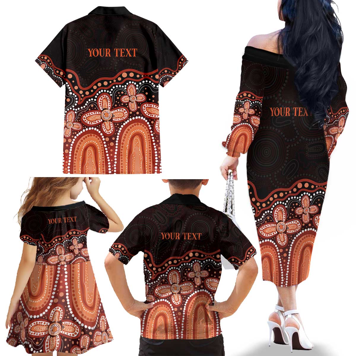 Australia Indigenous Personalized Family Matching Off The Shoulder Long Sleeve Dress and Hawaiian Shirt Fight Leukemia Orange Ribbons - Aussie Hoodie