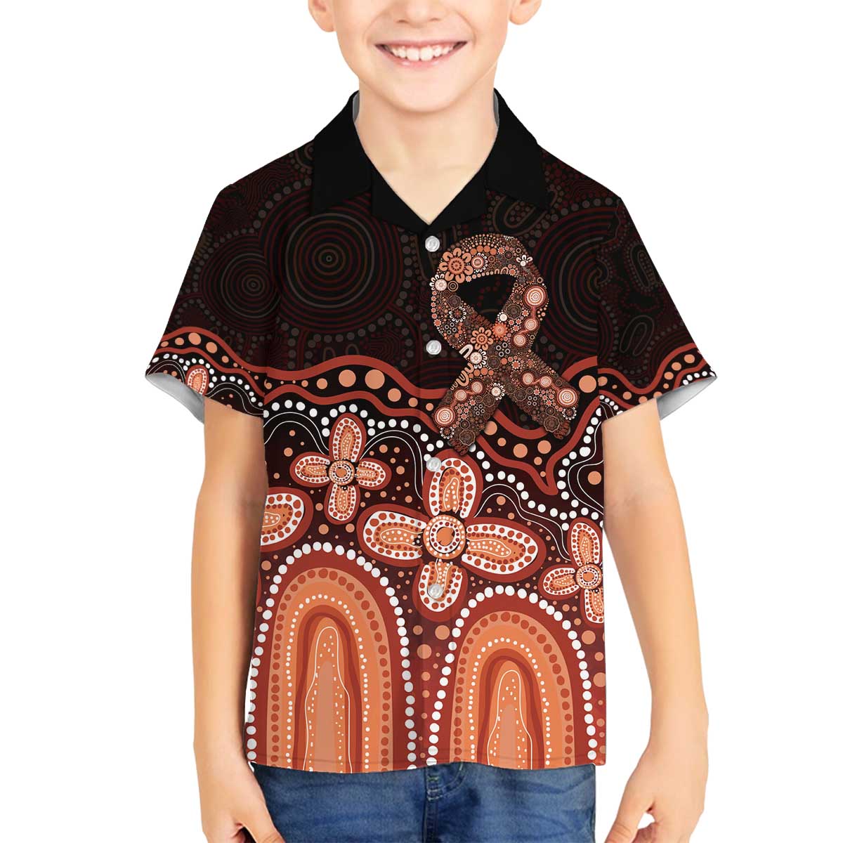 Australia Indigenous Personalized Family Matching Off The Shoulder Long Sleeve Dress and Hawaiian Shirt Fight Leukemia Orange Ribbons - Aussie Hoodie