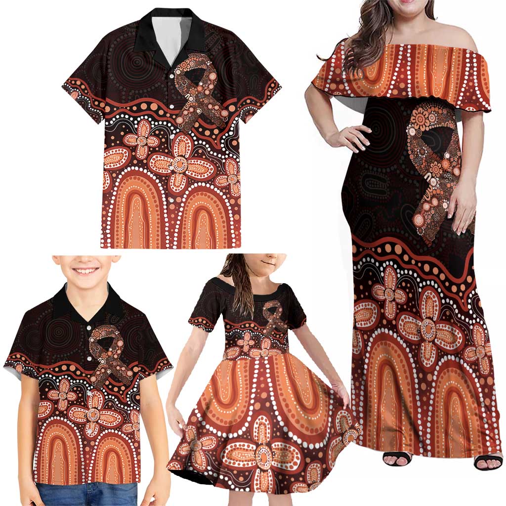Australia Indigenous Personalized Family Matching Off Shoulder Maxi Dress and Hawaiian Shirt Fight Leukemia Orange Ribbons - Aussie Hoodie