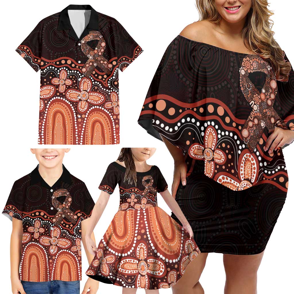 Australia Indigenous Personalized Family Matching Off Shoulder Short Dress and Hawaiian Shirt Fight Leukemia Orange Ribbons - Aussie Hoodie