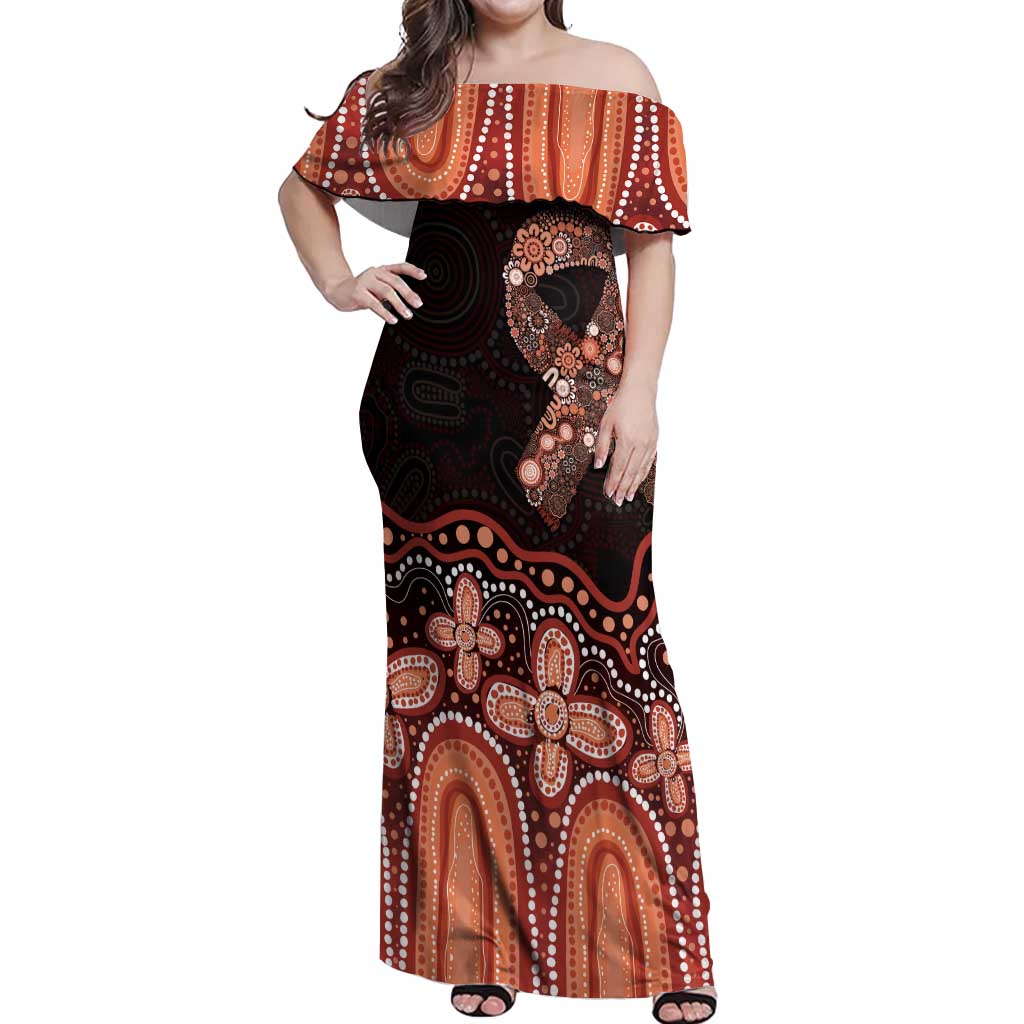 Australia Indigenous Personalized Off Shoulder Maxi Dress Fight Leukemia Orange Ribbons - Aussie Hoodie