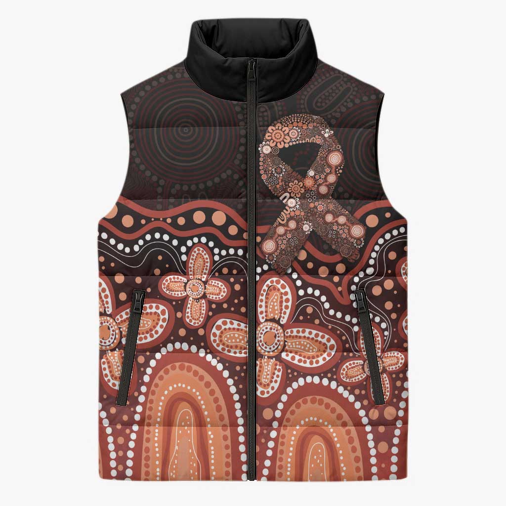 Australia Indigenous Personalized Sleeveless Puffer Jacket Fight Leukemia Orange Ribbons - Aussie Hoodie