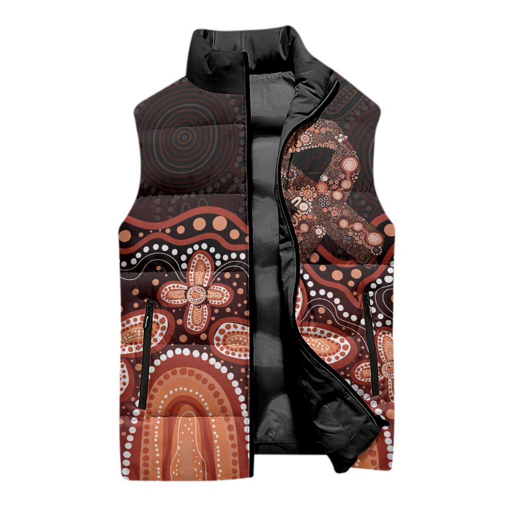 Australia Indigenous Personalized Sleeveless Puffer Jacket Fight Leukemia Orange Ribbons - Aussie Hoodie