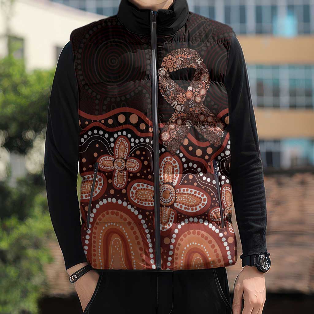 Australia Indigenous Personalized Sleeveless Puffer Jacket Fight Leukemia Orange Ribbons - Aussie Hoodie