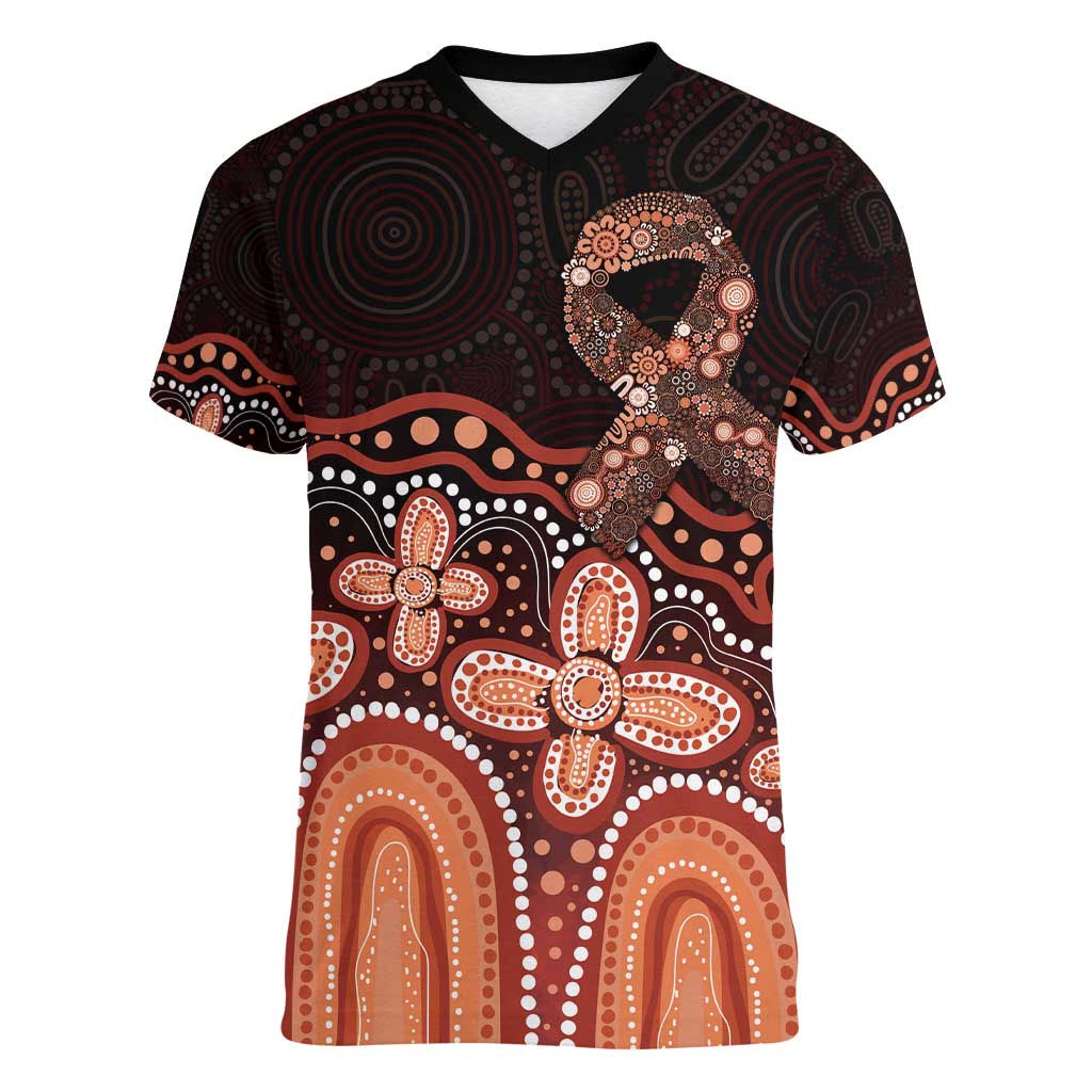 Australia Indigenous Personalized Women V-Neck T-Shirt Fight Leukemia Orange Ribbons - Aussie Hoodie