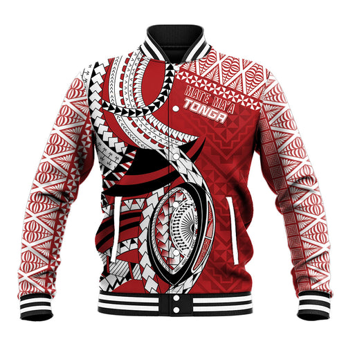 Mate Ma'a Tonga Rugby Custom Kupesi Motifs Baseball Jacket Red Waves