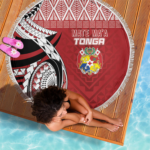 Mate Ma'a Tonga Rugby Kupesi Motifs Beach Blanket Red Waves