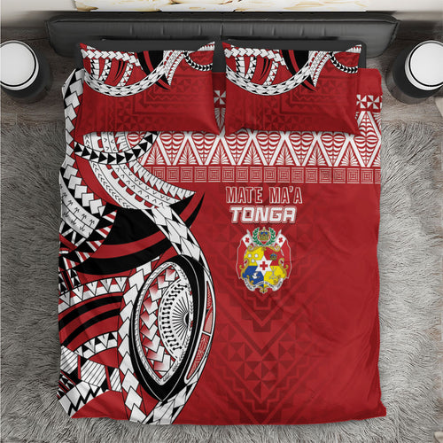 Mate Ma'a Tonga Rugby Kupesi Motifs Bedding Set Red Waves