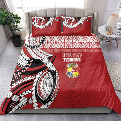 Mate Ma'a Tonga Rugby Kupesi Motifs Bedding Set Red Waves