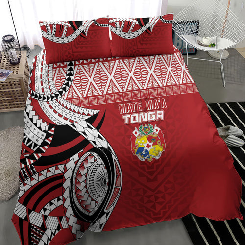 Mate Ma'a Tonga Rugby Kupesi Motifs Bedding Set Red Waves