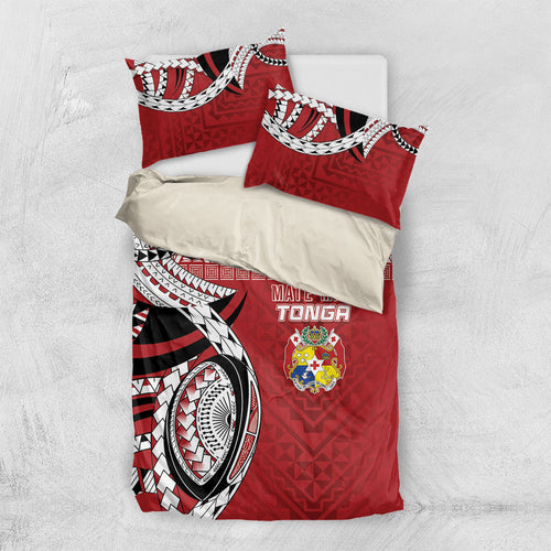 Mate Ma'a Tonga Rugby Kupesi Motifs Bedding Set Red Waves