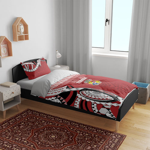 Mate Ma'a Tonga Rugby Kupesi Motifs Bedding Set Red Waves