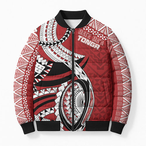 Mate Ma'a Tonga Rugby Custom Kupesi Motifs Bomber Puffer Jacket Red Waves