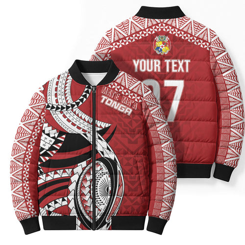 Mate Ma'a Tonga Rugby Custom Kupesi Motifs Bomber Puffer Jacket Red Waves