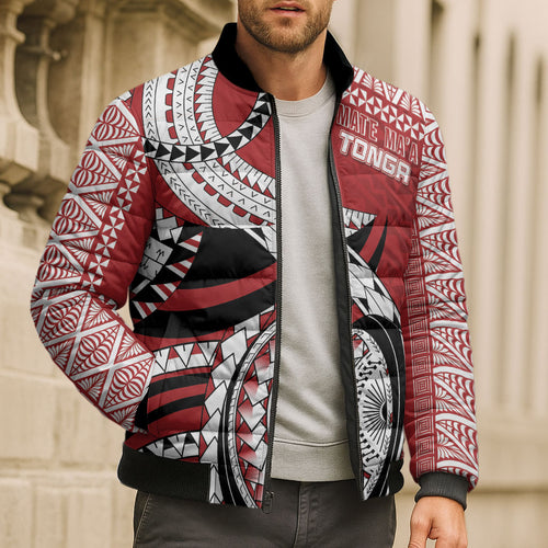 Mate Ma'a Tonga Rugby Custom Kupesi Motifs Bomber Puffer Jacket Red Waves