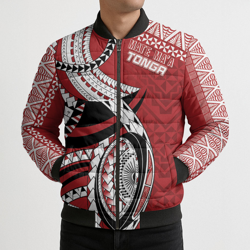 Mate Ma'a Tonga Rugby Custom Kupesi Motifs Bomber Puffer Jacket Red Waves