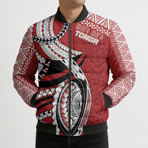 Mate Ma'a Tonga Rugby Custom Kupesi Motifs Bomber Puffer Jacket Red Waves