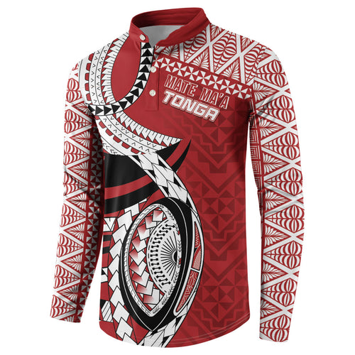 Mate Ma'a Tonga Rugby Custom Kupesi Motifs Button Sweatshirt Red Waves