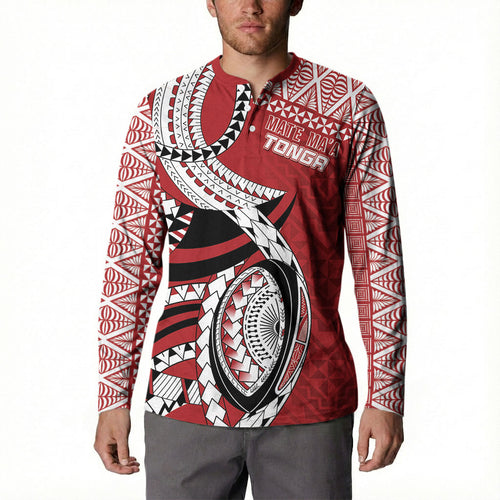 Mate Ma'a Tonga Rugby Custom Kupesi Motifs Button Sweatshirt Red Waves