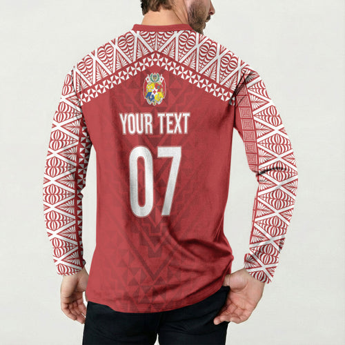 Mate Ma'a Tonga Rugby Custom Kupesi Motifs Button Sweatshirt Red Waves