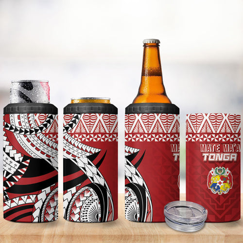 Mate Ma'a Tonga Rugby Kupesi Motifs 4 in 1 Can Cooler Tumbler Red Waves