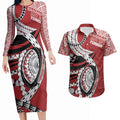 Mate Ma'a Tonga Rugby Custom Kupesi Motifs Couples Matching Long Sleeve Bodycon Dress and Hawaiian Shirt Red Waves