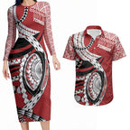 Mate Ma'a Tonga Rugby Custom Kupesi Motifs Couples Matching Long Sleeve Bodycon Dress and Hawaiian Shirt Red Waves