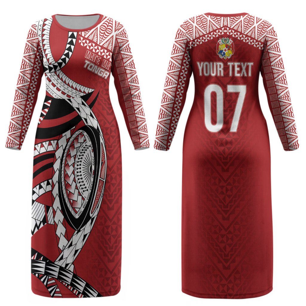 Mate Ma'a Tonga Rugby Custom Kupesi Motifs Couples Matching Long Sleeve Bodycon Dress and Hawaiian Shirt Red Waves