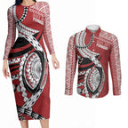 Mate Ma'a Tonga Rugby Custom Kupesi Motifs Couples Matching Long Sleeve Bodycon Dress and Long Sleeve Button Shirt Red Waves