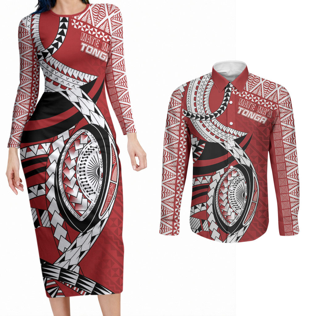 Mate Ma'a Tonga Rugby Custom Kupesi Motifs Couples Matching Long Sleeve Bodycon Dress and Long Sleeve Button Shirt Red Waves