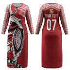 Mate Ma'a Tonga Rugby Custom Kupesi Motifs Couples Matching Long Sleeve Bodycon Dress and Long Sleeve Button Shirt Red Waves