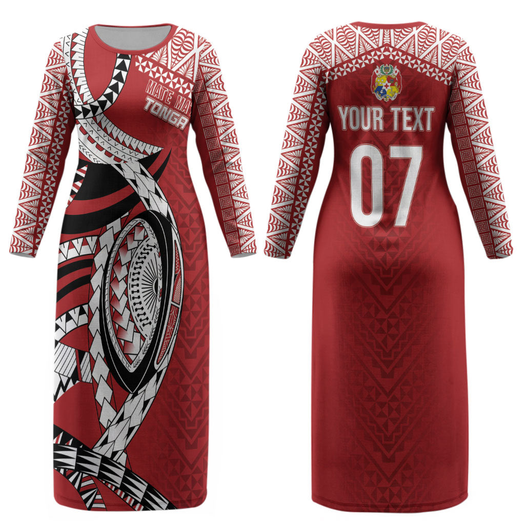 Mate Ma'a Tonga Rugby Custom Kupesi Motifs Couples Matching Long Sleeve Bodycon Dress and Long Sleeve Button Shirt Red Waves
