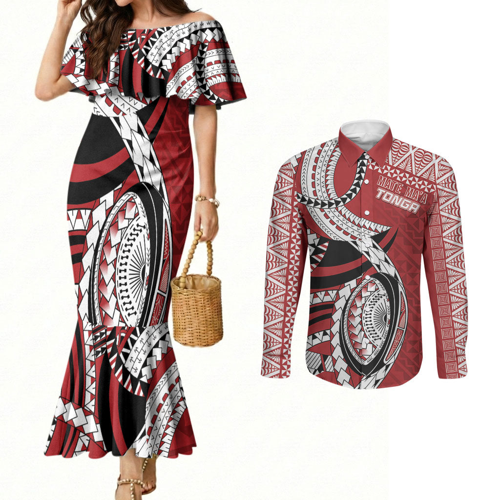 Mate Ma'a Tonga Rugby Custom Kupesi Motifs Couples Matching Mermaid Dress and Long Sleeve Button Shirt Red Waves