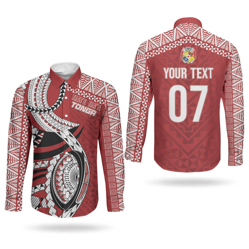 Mate Ma'a Tonga Rugby Custom Kupesi Motifs Couples Matching Mermaid Dress and Long Sleeve Button Shirt Red Waves