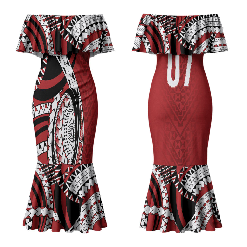 Mate Ma'a Tonga Rugby Custom Kupesi Motifs Couples Matching Mermaid Dress and Long Sleeve Button Shirt Red Waves