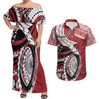 Mate Ma'a Tonga Rugby Custom Kupesi Motifs Couples Matching Off Shoulder Maxi Dress and Hawaiian Shirt Red Waves