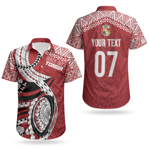 Mate Ma'a Tonga Rugby Custom Kupesi Motifs Couples Matching Off Shoulder Maxi Dress and Hawaiian Shirt Red Waves