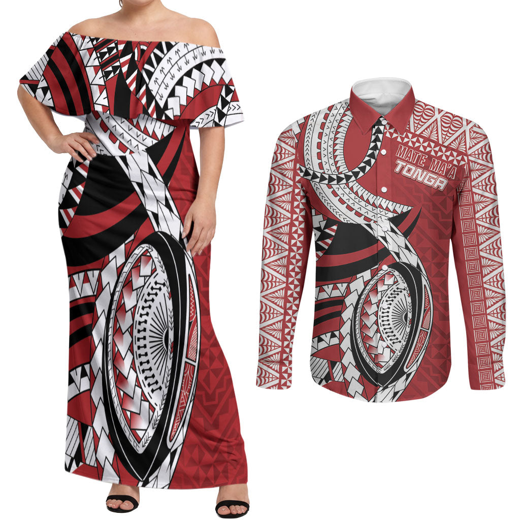 Mate Ma'a Tonga Rugby Custom Kupesi Motifs Couples Matching Off Shoulder Maxi Dress and Long Sleeve Button Shirt Red Waves