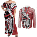 Mate Ma'a Tonga Rugby Custom Kupesi Motifs Couples Matching Off Shoulder Maxi Dress and Long Sleeve Button Shirt Red Waves