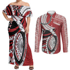 Mate Ma'a Tonga Rugby Custom Kupesi Motifs Couples Matching Off Shoulder Maxi Dress and Long Sleeve Button Shirt Red Waves