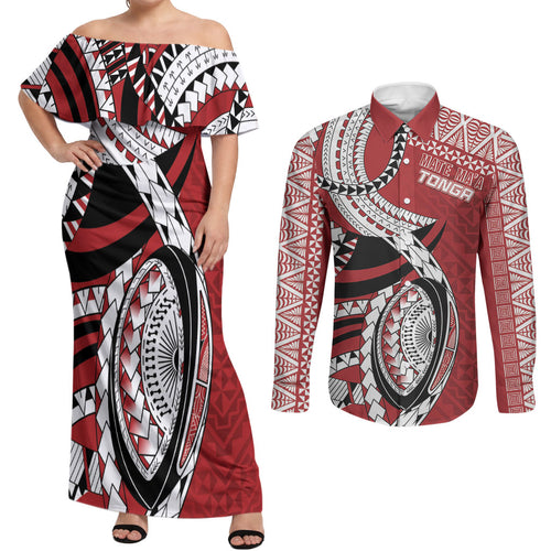 Mate Ma'a Tonga Rugby Custom Kupesi Motifs Couples Matching Off Shoulder Maxi Dress and Long Sleeve Button Shirt Red Waves