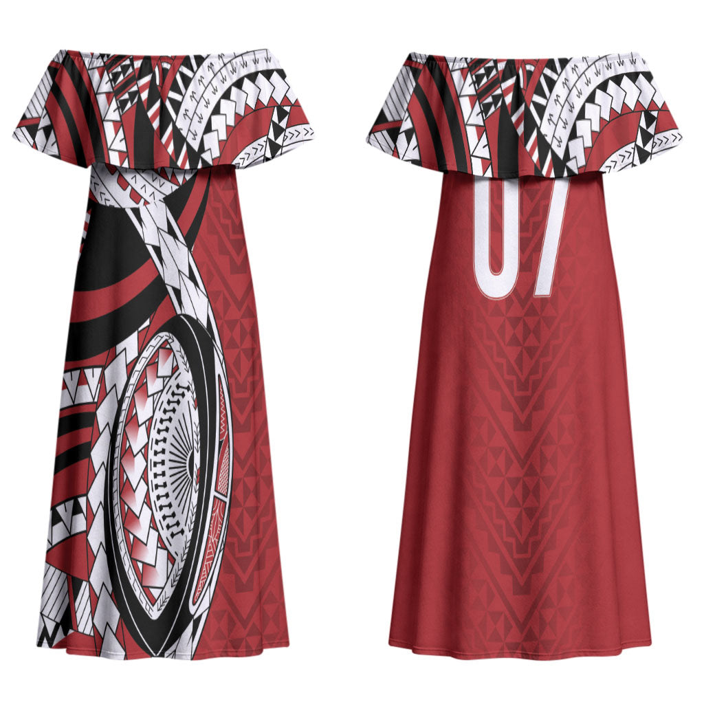 Mate Ma'a Tonga Rugby Custom Kupesi Motifs Couples Matching Off Shoulder Maxi Dress and Long Sleeve Button Shirt Red Waves
