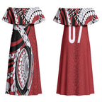 Mate Ma'a Tonga Rugby Custom Kupesi Motifs Couples Matching Off Shoulder Maxi Dress and Long Sleeve Button Shirt Red Waves