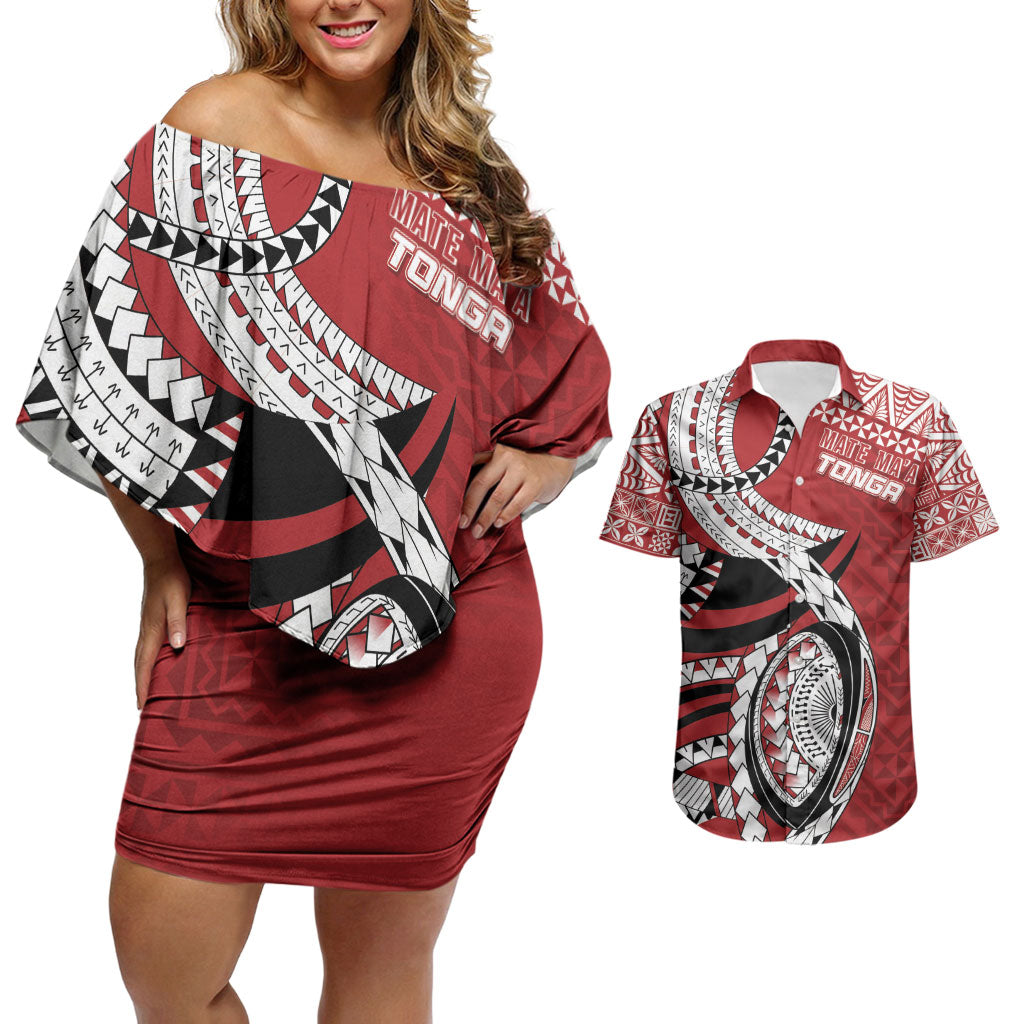 Mate Ma'a Tonga Rugby Custom Kupesi Motifs Couples Matching Off Shoulder Short Dress and Hawaiian Shirt Red Waves