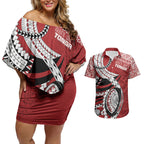 Mate Ma'a Tonga Rugby Custom Kupesi Motifs Couples Matching Off Shoulder Short Dress and Hawaiian Shirt Red Waves